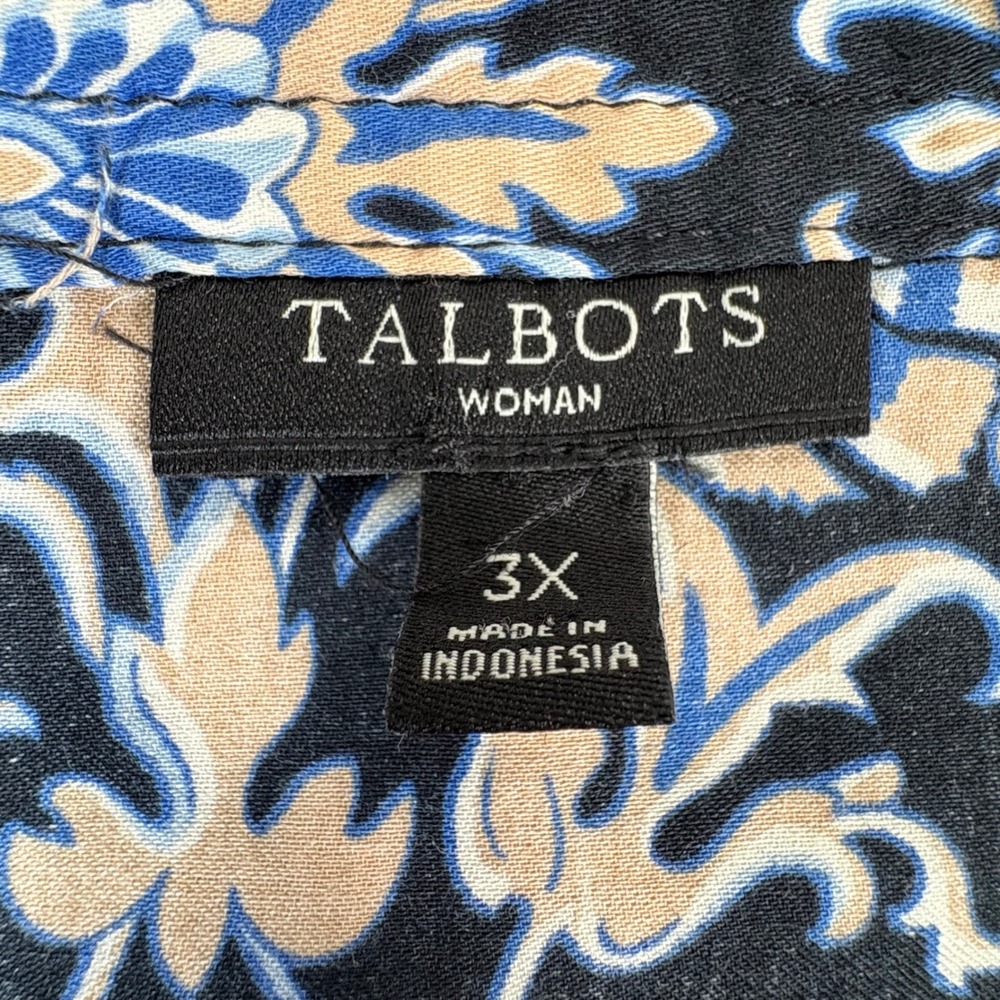 Talbots Black Floral Print V-Neck Blouse with Blue and Cream Accents - Picture 4 of 9